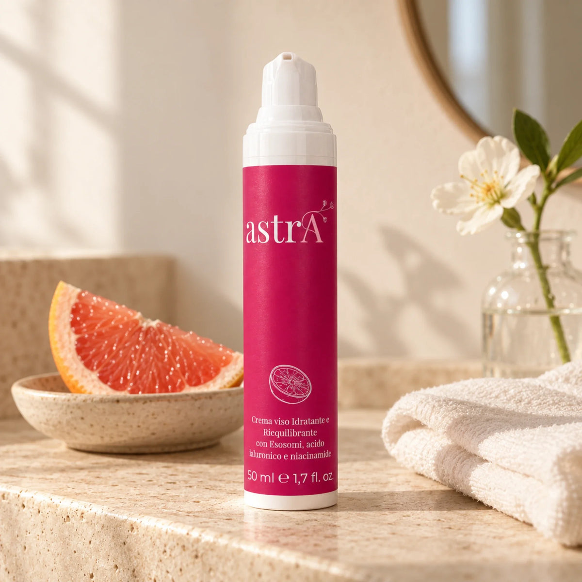 Crema viso astrA su mensola del bagno con pompelmo e asciugamano