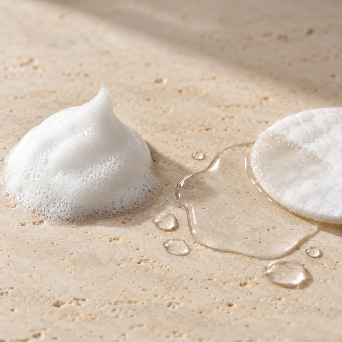 Texture del Kit Detersione: schiuma bianca novA e tonico vegA trasparente con cotone