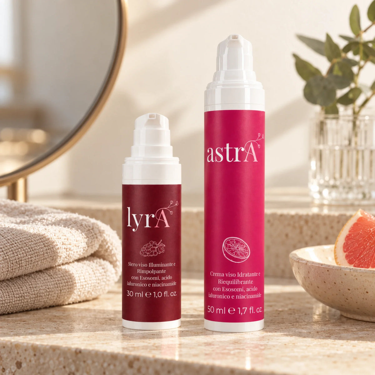 Kit Trattamento con siero lyrA e crema astrA su mensola da bagno