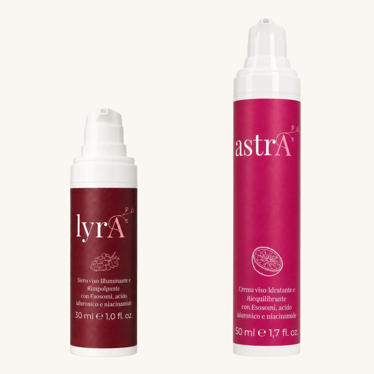Kit Trattamento Curamour: siero viso lyrA e crema viso astrA su sfondo chiaro