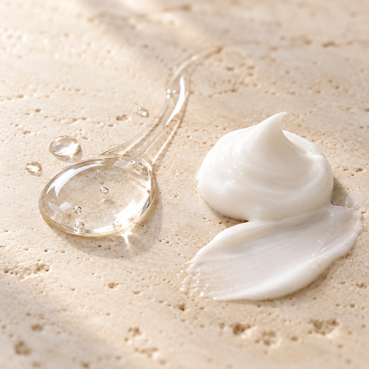 Texture del Kit Trattamento: goccia trasparente di siero e crema bianca