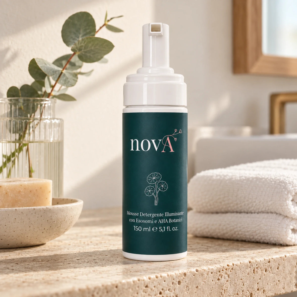 Mousse detergente novA su ripiano del bagno con asciugamani e specchio