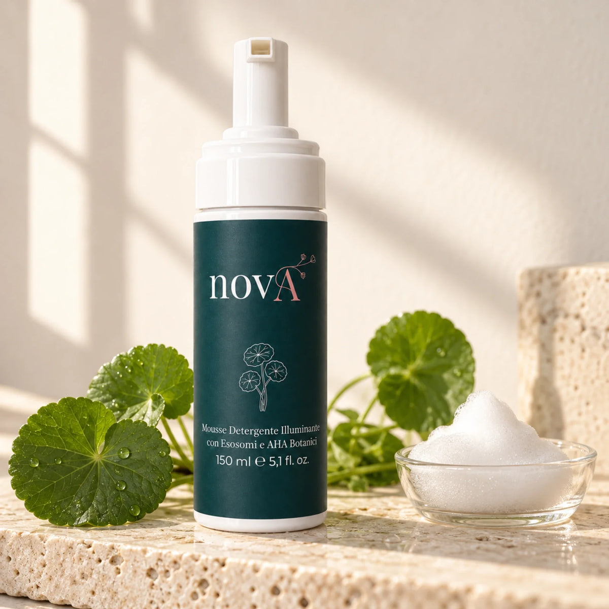 Mousse detergente novA su ripiano in travertino accanto a foglie verdi e schiuma bianca