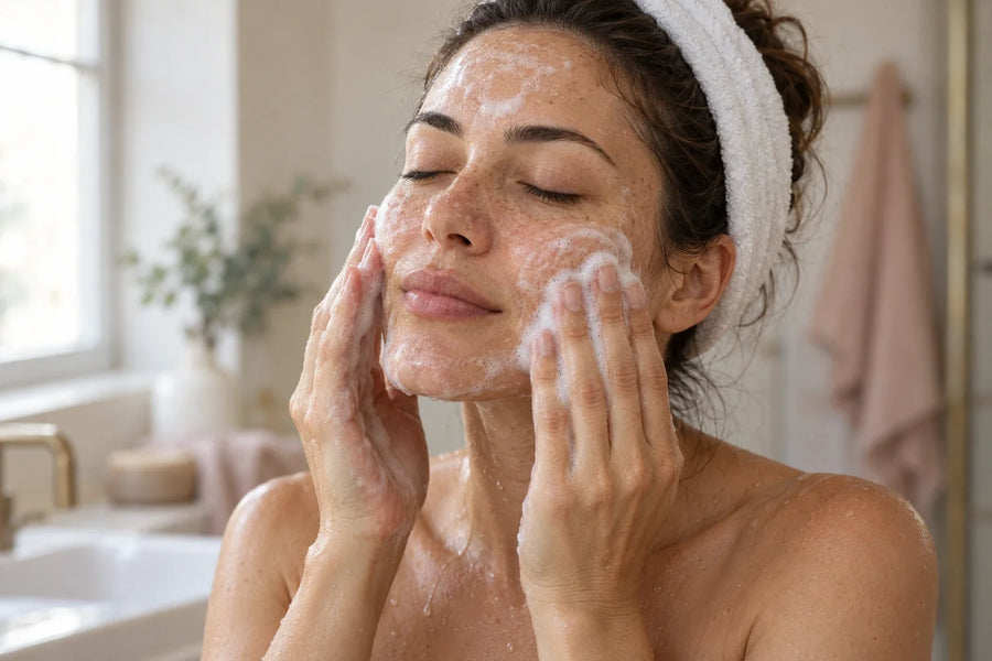 Donna che massaggia la mousse detergente sul viso umido con movimenti circolari